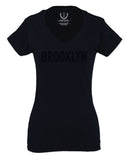 Black Fonts New York Brooklyn NYC Cool City American For Women V neck fitted T Shirt