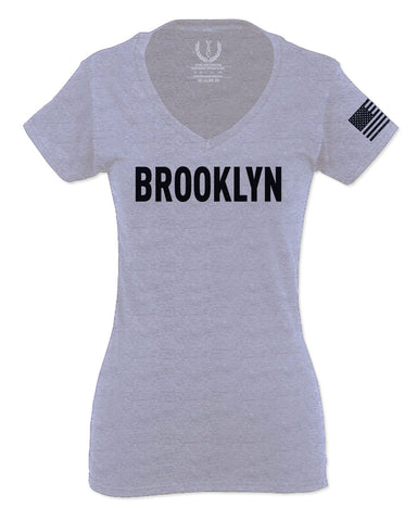 Black Fonts New York Brooklyn NYC Cool City American For Women V neck fitted T Shirt
