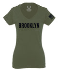 Black Fonts New York Brooklyn NYC Cool City American For Women V neck fitted T Shirt