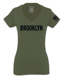 Black Fonts New York Brooklyn NYC Cool City American For Women V neck fitted T Shirt
