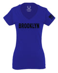 Black Fonts New York Brooklyn NYC Cool City American For Women V neck fitted T Shirt