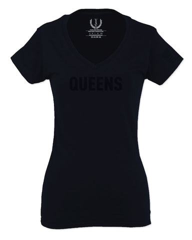 Black Fonts New York Queen NYC Cool City American For Women V neck fitted T Shirt