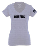 Black Fonts New York Queen NYC Cool City American For Women V neck fitted T Shirt