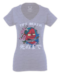Front Demon Graphic Traditional Japanese Till Death Good Vibes For Women V neck fitted T Shirt