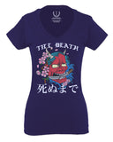 Front Demon Graphic Traditional Japanese Till Death Good Vibes For Women V neck fitted T Shirt