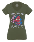 Front Demon Graphic Traditional Japanese Till Death Good Vibes For Women V neck fitted T Shirt