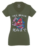 Front Demon Graphic Traditional Japanese Till Death Good Vibes For Women V neck fitted T Shirt