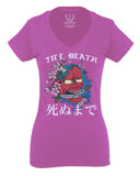 Front Demon Graphic Traditional Japanese Till Death Good Vibes For Women V neck fitted T Shirt