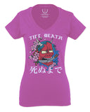Front Demon Graphic Traditional Japanese Till Death Good Vibes For Women V neck fitted T Shirt