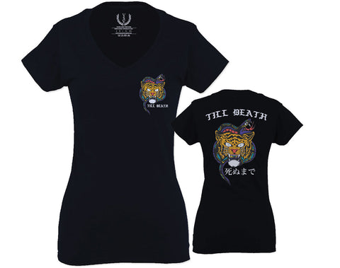 Tiger Graphic Traditional Japanese Till Death Good Vibes Obei Society For Women V neck fitted T Shirt