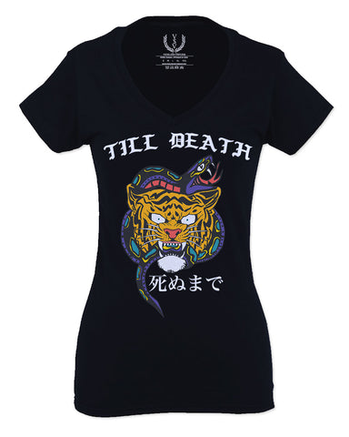 Front Tiger Graphic Japanese Till Death Good Vibes OBEI Society For Women V neck fitted T Shirt