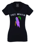 Front Good Vibe Summer Palm Graphic Til Death Cool Bones Surf Society For Women V neck fitted T Shirt