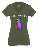 Front Good Vibe Summer Palm Graphic Til Death Cool Bones Surf Society For Women V neck fitted T Shirt