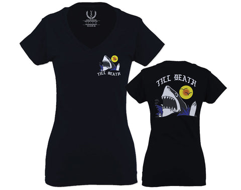 Front and Back Shark Summer Vibe Cool Graphic Surf Till Death Obei Society For Women V neck fitted T Shirt