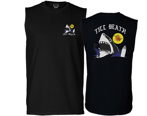 Front and Back Shark Summer Vibe Cool Graphic Surf Till Death Obei Society men Muscle Tank Top sleeveless t shirt