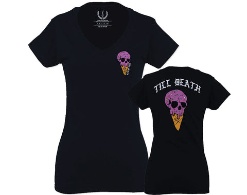 Candy Ice Cream Skull Summer Cool Graphic Till Death Obei Society For Women V neck fitted T Shirt