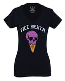 Good Vibe chill Till Death ice Cream Skull Bones Graphic obei Society For Women V neck fitted T Shirt