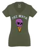 Good Vibe chill Till Death ice Cream Skull Bones Graphic obei Society For Women V neck fitted T Shirt