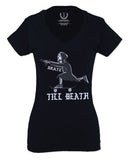 VICES AND VIRTUES Skateboarding OR DIE Skull Skate Gun Till Death For Women V neck fitted T Shirt