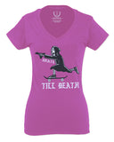 VICES AND VIRTUES Skateboarding OR DIE Skull Skate Gun Till Death For Women V neck fitted T Shirt
