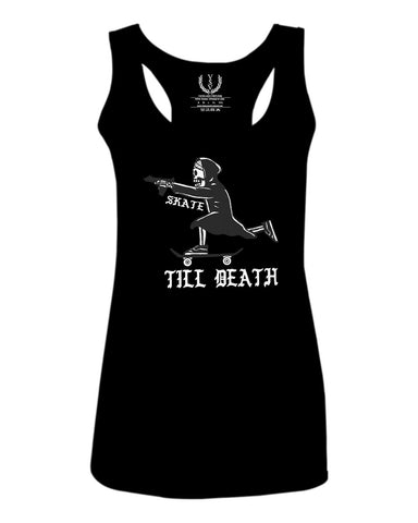 VICES AND VIRTUES Skateboarding OR DIE Skull Skate Gun Till Death  women's Tank Top sleeveless Racerback