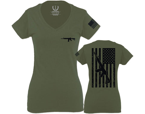 VICES AND VIRTUES Second Amendment Support American Flag Gun ar 15 Rights For Women V neck fitted T Shirt
