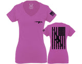 VICES AND VIRTUES Second Amendment Support American Flag Gun ar 15 Rights For Women V neck fitted T Shirt