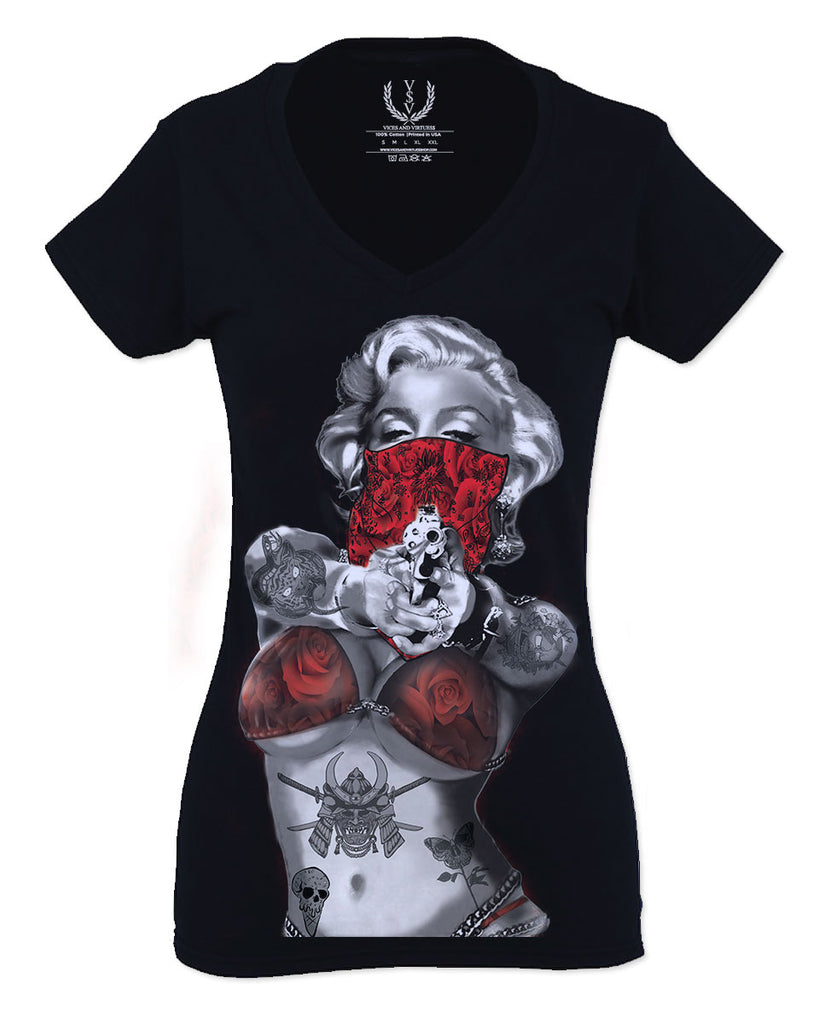 Marilyn bandana Swarovski Long T-shirt black ×Red Marilyn Manson Antichrist Superstar T-shirt Women's Small