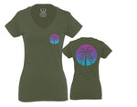 Front and Back Vaporwave Palm Trees Aesthetics Art Beach surf Sunset For Women V neck fitted T Shirt