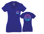 Front and Back Vaporwave Palm Trees Aesthetics Art Beach surf Sunset For Women V neck fitted T Shirt