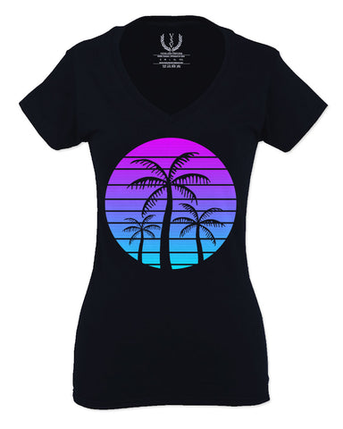 Vaporwave Palm Trees Aesthetics Art Beach surf Sunset For Women V neck fitted T Shirt