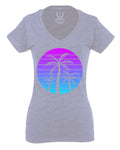 Vaporwave Palm Trees Aesthetics Art Beach surf Sunset For Women V neck fitted T Shirt