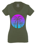 Vaporwave Palm Trees Aesthetics Art Beach surf Sunset For Women V neck fitted T Shirt