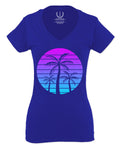 Vaporwave Palm Trees Aesthetics Art Beach surf Sunset For Women V neck fitted T Shirt