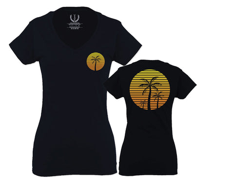 Front and Back Vintage Retro Palm Trees Beach Sunset Tropical Summer Vacation For Women V neck fitted T Shirt