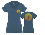 Front and Back Vintage Retro Palm Trees Beach Sunset Tropical Summer Vacation For Women V neck fitted T Shirt