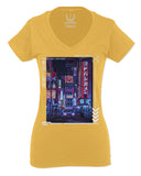 Aesthetic Japanese City Vaporwave Art Cyberpunk Retro Street wear For Women V neck fitted T Shirt