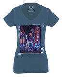 Aesthetic Japanese City Vaporwave Art Cyberpunk Retro Street wear For Women V neck fitted T Shirt