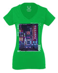 Aesthetic Japanese City Vaporwave Art Cyberpunk Retro Street wear For Women V neck fitted T Shirt