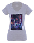 Aesthetic Japanese City Vaporwave Art Cyberpunk Retro Street wear For Women V neck fitted T Shirt