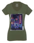 Aesthetic Japanese City Vaporwave Art Cyberpunk Retro Street wear For Women V neck fitted T Shirt