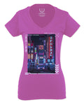 Aesthetic Japanese City Vaporwave Art Cyberpunk Retro Street wear For Women V neck fitted T Shirt