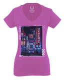 Aesthetic Japanese City Vaporwave Art Cyberpunk Retro Street wear For Women V neck fitted T Shirt