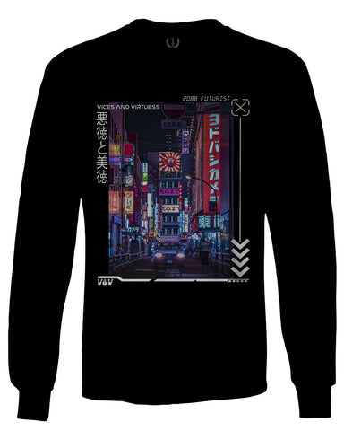 Aesthetic Japanese City Vaporwave Art Cyberpunk Retro Street wear mens Long sleeve t shirt