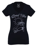 Good Vibe Summer Vintage Retro Beach surf Palm Tree Vacation Skeleton For Women V neck fitted T Shirt