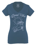 Good Vibe Summer Vintage Retro Beach surf Palm Tree Vacation Skeleton For Women V neck fitted T Shirt