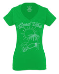 Good Vibe Summer Vintage Retro Beach surf Palm Tree Vacation Skeleton For Women V neck fitted T Shirt