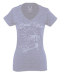 Good Vibe Summer Vintage Retro Beach surf Palm Tree Vacation Skeleton For Women V neck fitted T Shirt