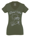 Good Vibe Summer Vintage Retro Beach surf Palm Tree Vacation Skeleton For Women V neck fitted T Shirt