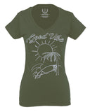 Good Vibe Summer Vintage Retro Beach surf Palm Tree Vacation Skeleton For Women V neck fitted T Shirt